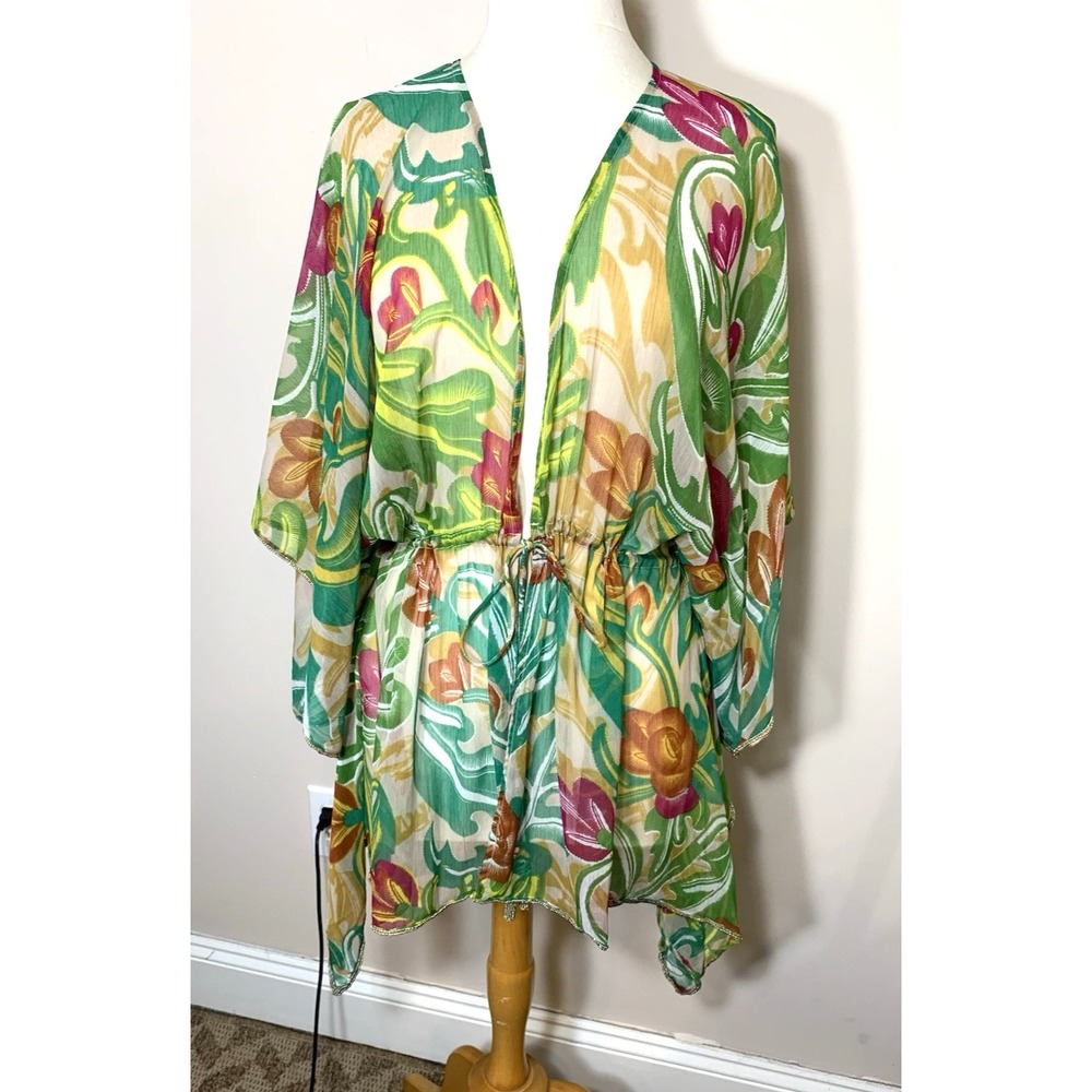 NEW Coldwater Creek Kimono One Size Tropical Floral Chiffon Tie Front Beaded